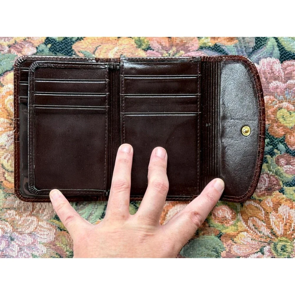 Vintage Buxton Brown Full Grain Leather Cowhide Organizer Wallet Croc Embossed
